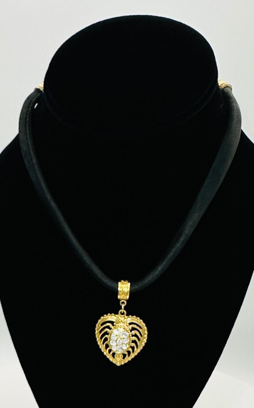 1928 Gold Tone Heart Pendant Necklace Rhinestone Black Cord